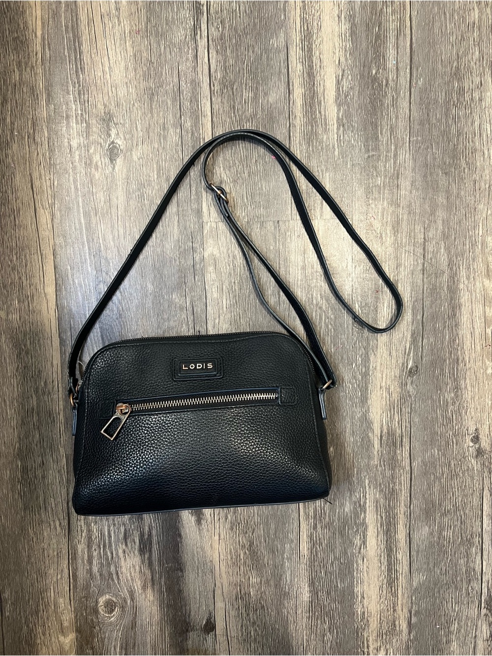 Lodis Charlotte Black Pebbled Leather Crossbody Bag Floral Interior Minimalist